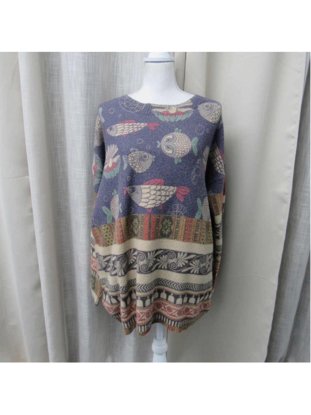 YESNO Fish Graphic Knit Sweater Oversized Cotton Wool Blend Blue Boho Pullover L